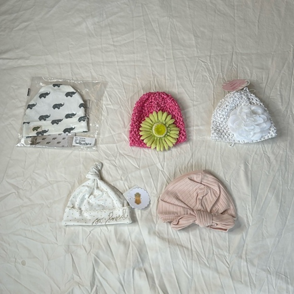 NEW WITH TAGS! Bundle of 5 BRAND NEW baby girl beanie hats. Very cute.